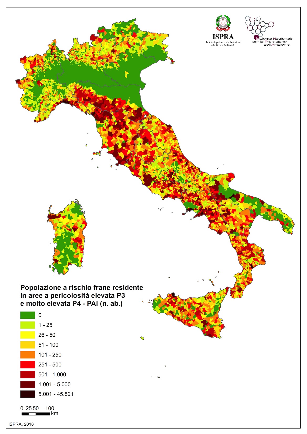 Mappa della popolazione residente in zone a rischio frane