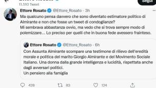 Morte Assunta Almirante, bufera social su tweet Rosato